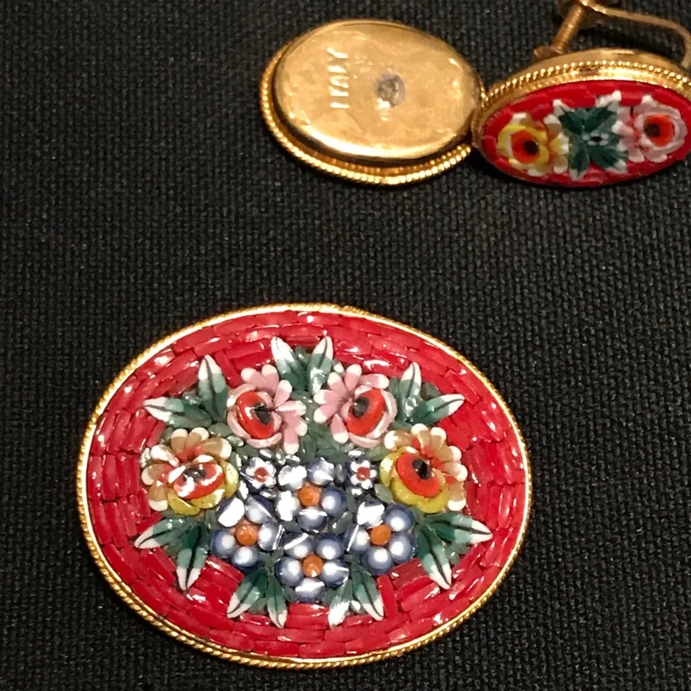 Vintage Red Floral Mosaic Brooch & ER